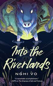 PictureCover art for Into the Riverlands, featuring dark purples and blues and a neon colored wild pig with glowing eyes