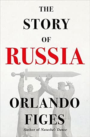 Pale cover with red and black lettering and a statue of two Soviet fellas hoisting a giant sword