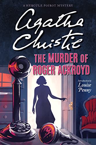 Cover art for The Murder of Roger Ackroyd. It's a dark background of a room. The silhouette of a woman stands in the open door. In the foreground we see a dictaphone. In the background is a red chair.Picture