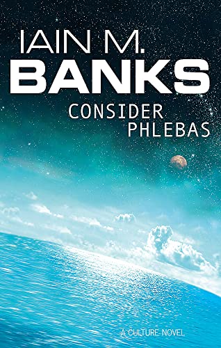 Cover art for Consider Phlebas. Brilliant blue horizon shot of an ocean, with the sky filled with planets and stars.Picture