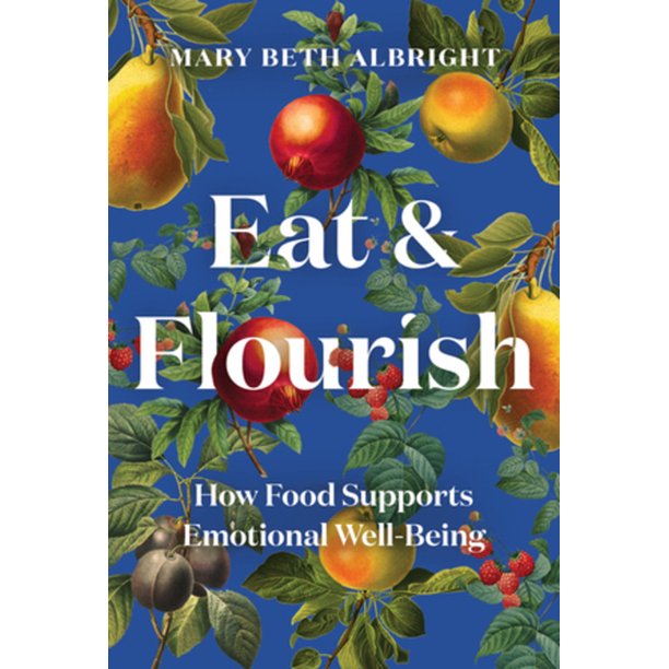 Cover art for Eat and Flourish. It's an attractive design with a dark blue background and paintings of fruit and vines.Picture