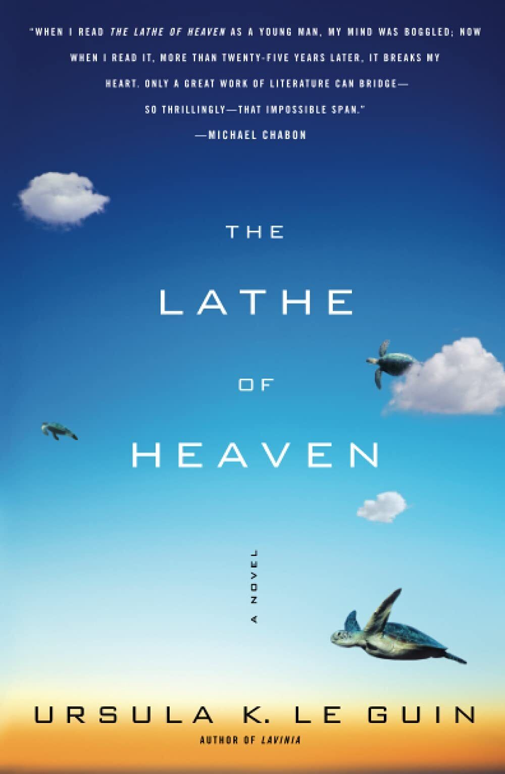 Cover art for The Lathe of Heaven, showing a blue sky with a few puffy clouds and some flying turtles.Picture