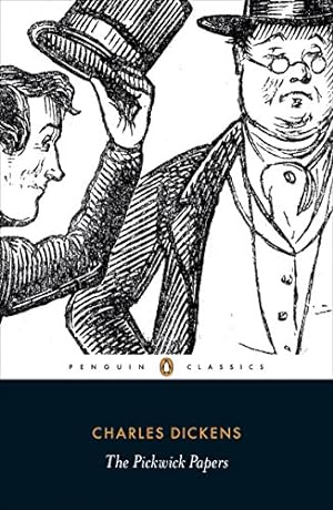 Cover art for The Pickwick Papers, by Charles Dickens, featuring one of the original illustrations by Phiz (Hablot Knight Browne), in which one gentleman tips his hat to another.