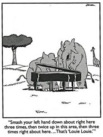 Far Side cartoon. An elephant sits at a piano. The elephant piano instructor says: 