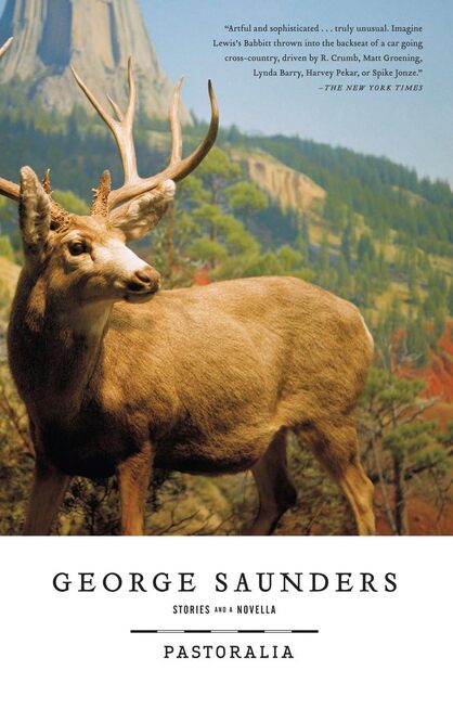 Cover art for Pastoralia, by George Saunders, with a photo of a deer with antlers standing in front of a mountain somewhere out west.Picture