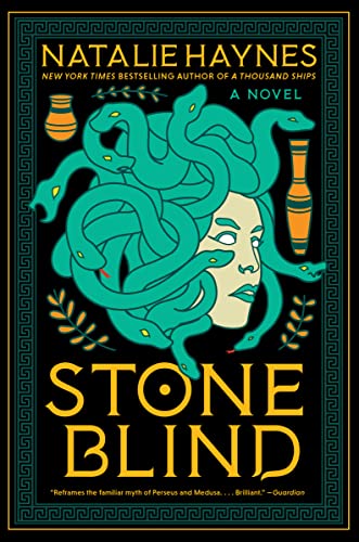 Cover art for Stone Blind, featuring a stylized image of Medusa with green snakes for hair