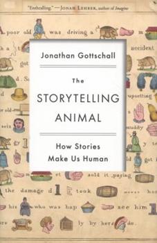 Cover art for The Storytelling Animal. It has a cream background and a page of the text from a story, populated by lots of little illustrations.